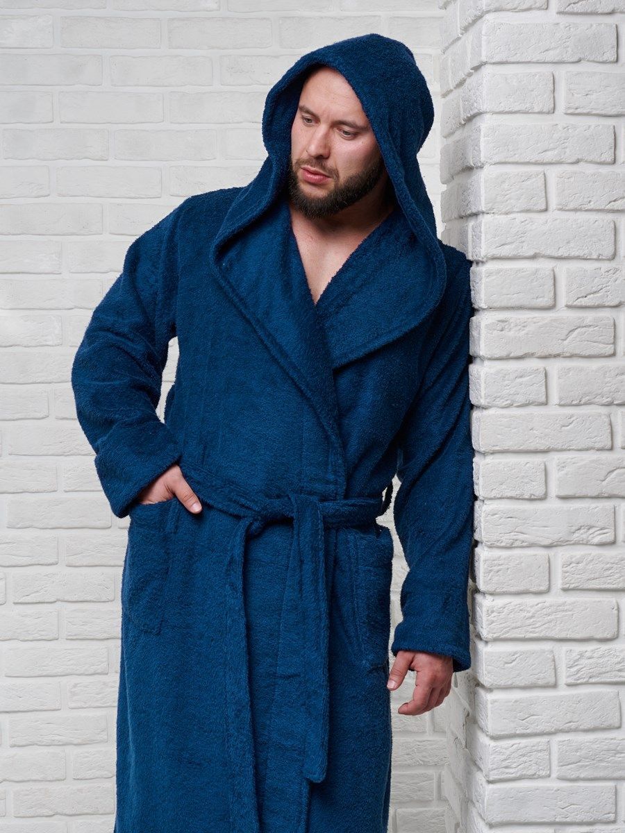 снимок Халат мужской махровый PandaHug с капюшоном, синий от магазина BIO-TEXTILES ОПТ