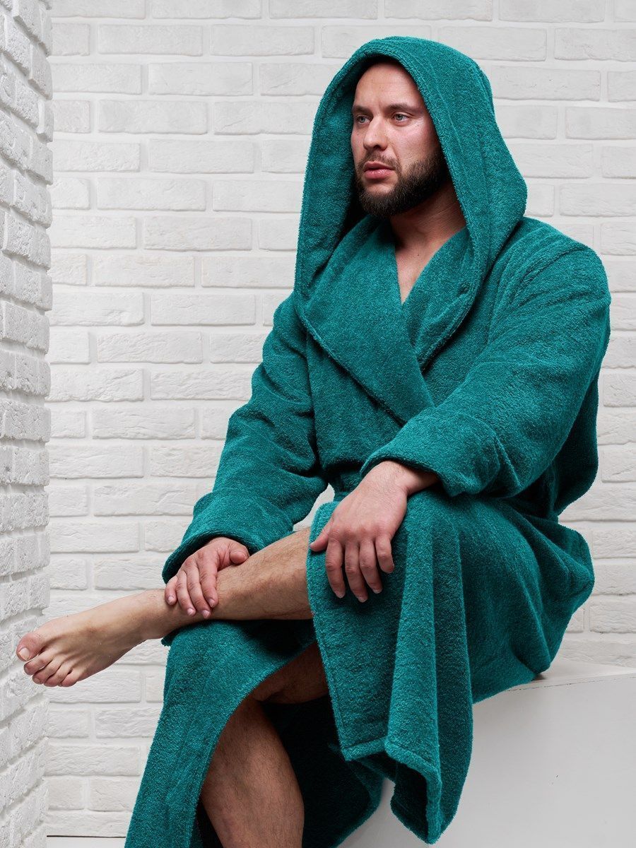 снимок Халат мужской махровый PandaHug с капюшоном, изумруд от магазина BIO-TEXTILES ОПТ